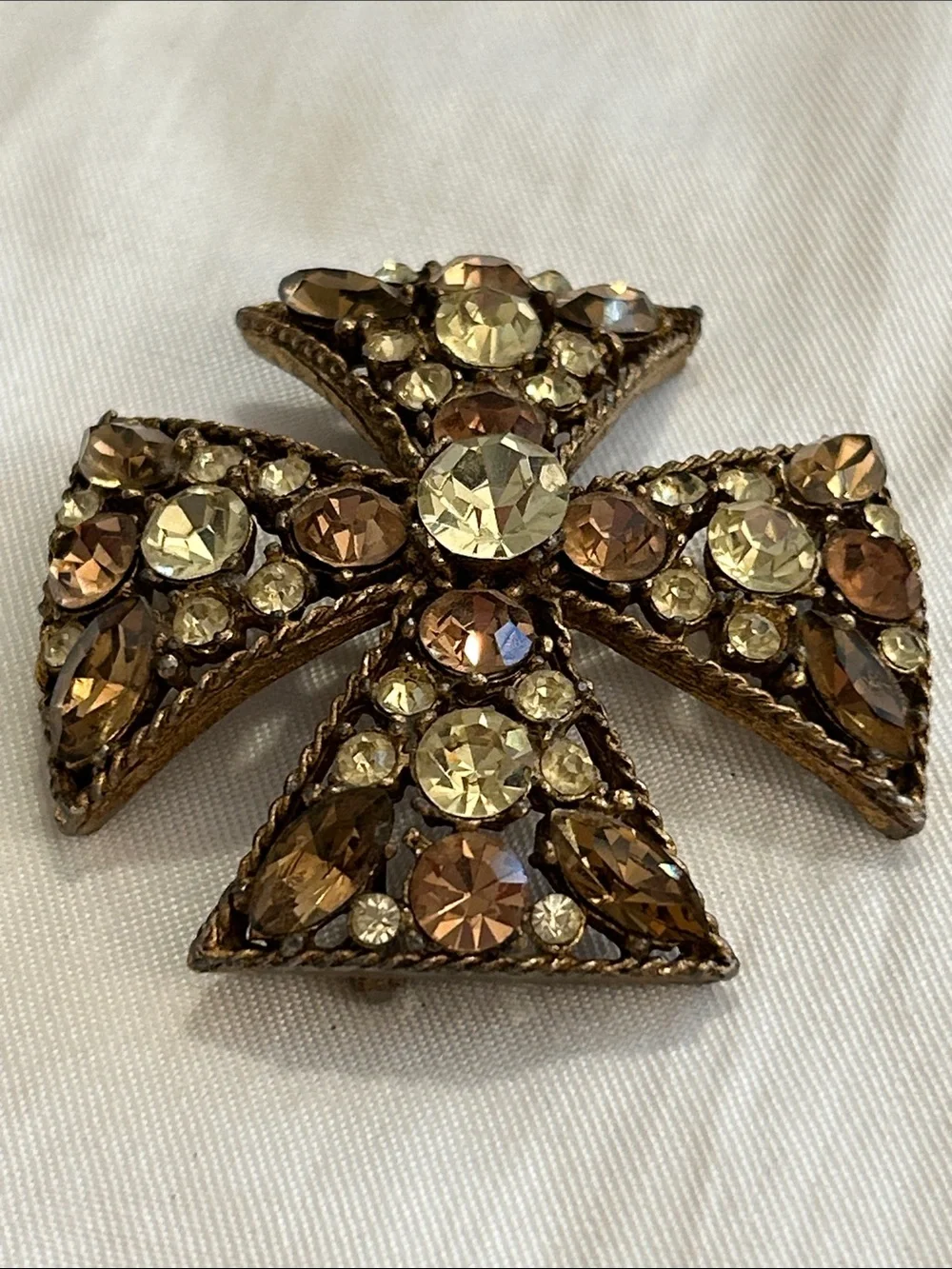 Brown, Amber, Champagne Crystal Cross Brooch - Women Jewelry